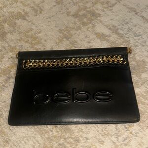 Bebe Black Leather Clutch with Gold Chain Accent